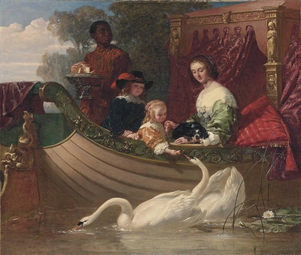 A young family feeding a swan by Frederick Goodall